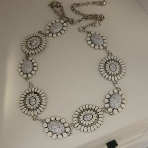 Elegant White and Silver tone Statement Necklace Large white enamel discs